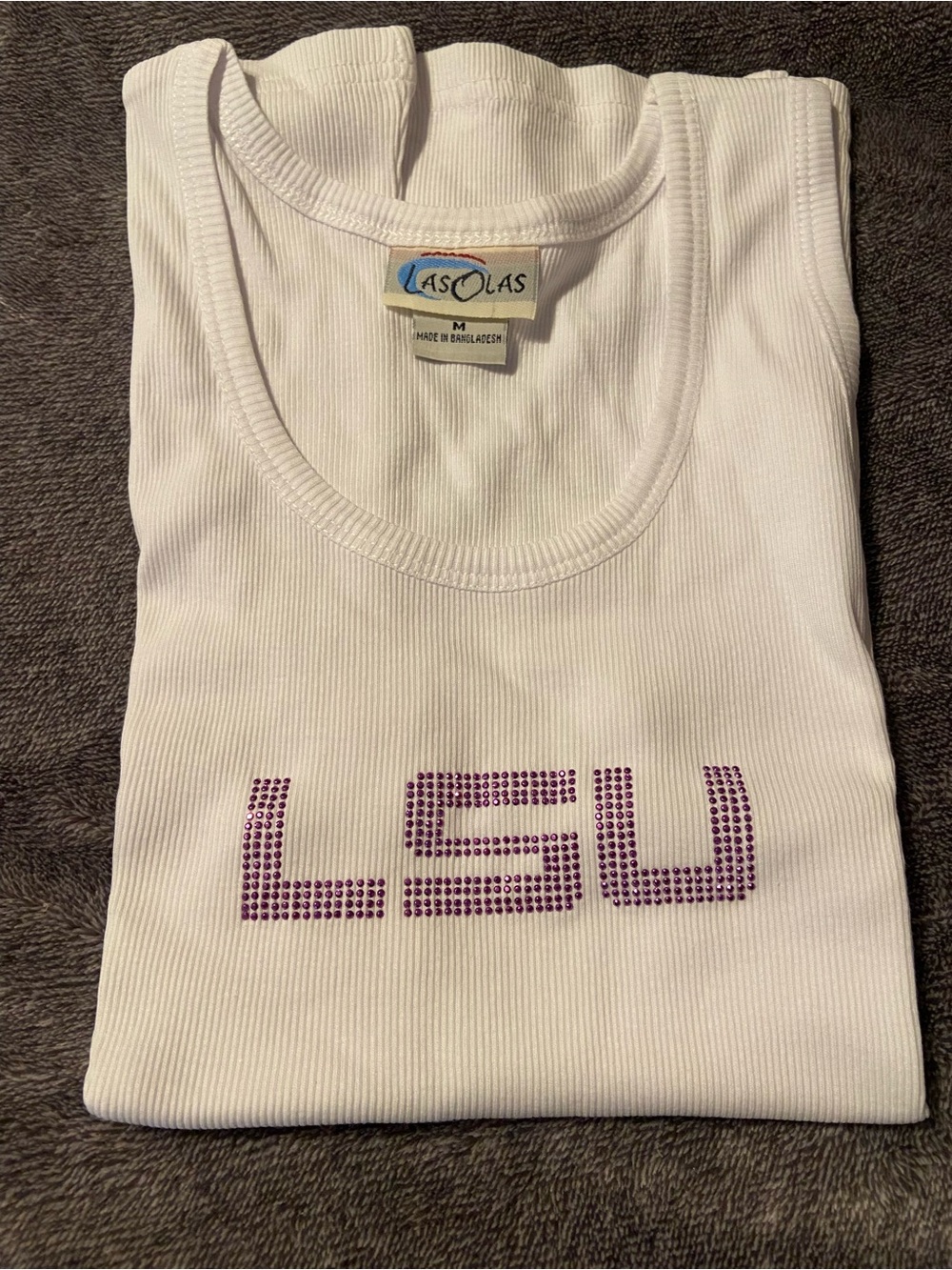 White Ribbed Tank with Purple LSU Crystal Design